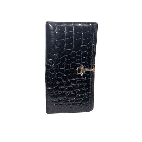 Beautiful Budd Leather Croco Bidente Checkbook Cover with Clip, black Spanish Cr - Picture 1 of 7